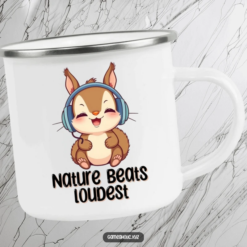 Funny Camping Mug featuring a squirrel in headphones, intensely focused on a screen, perfect for outdoor gamers.