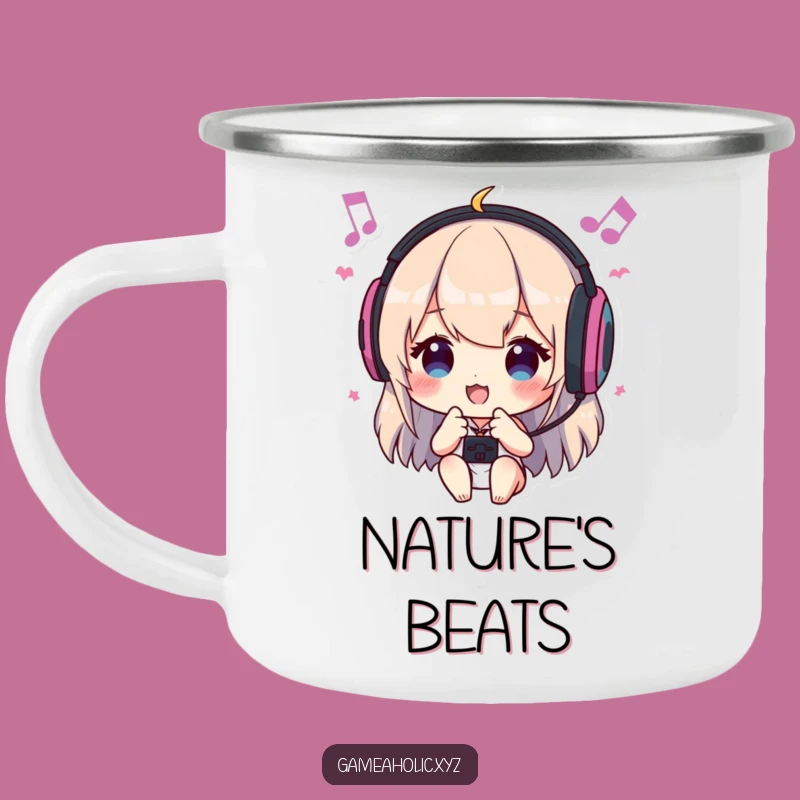 Funny Camping Mug: Gamer Headbanging to Music, Outdoor Funny Gift
