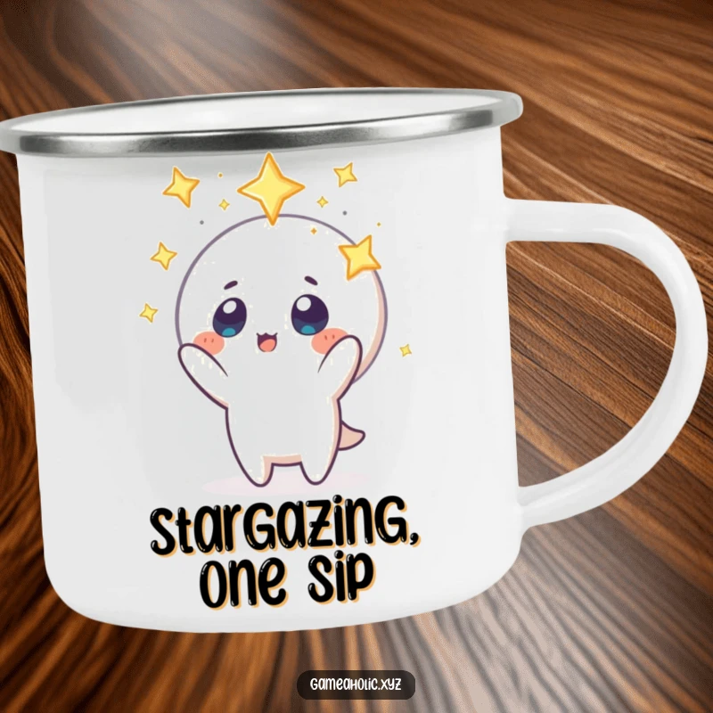 Funny camping mug with a character whose eyes are filled with tiny stars, reaching for a mystical floating icon, perfect for adventurers.