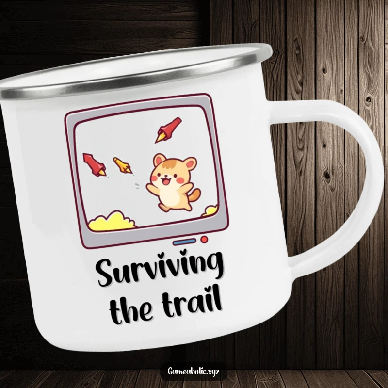 Funny camping mug depicting a cute animal character skillfully dodging falling projectiles on a screen, perfect for outdoor humor.