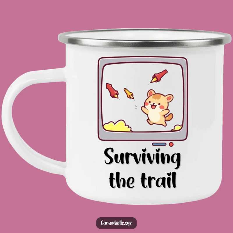 Funny Camping Mug: Adventurous Animal Gamer Dodging Elements, Outdoor Fun
