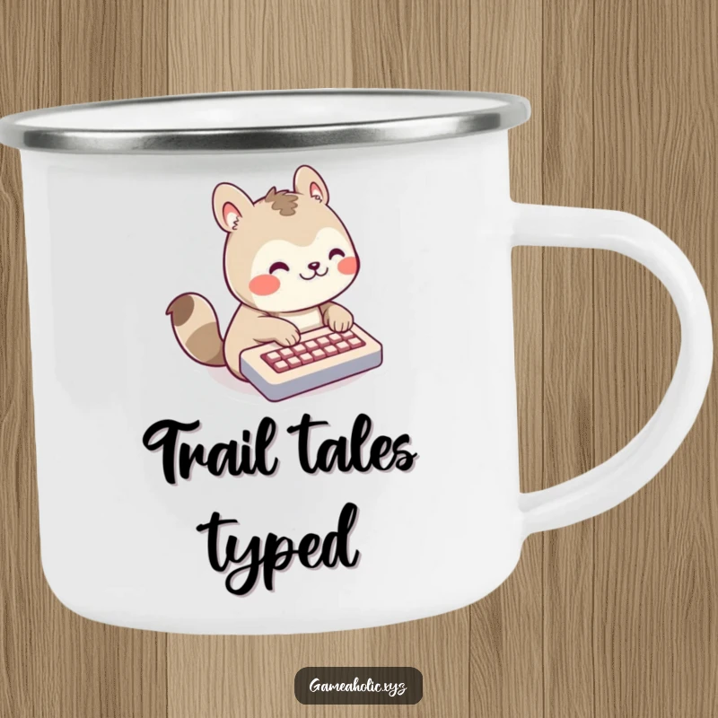 Funny Camping Mug of a grinning animal character rapidly typing on a tiny keyboard, perfect for outdoor work sessions.