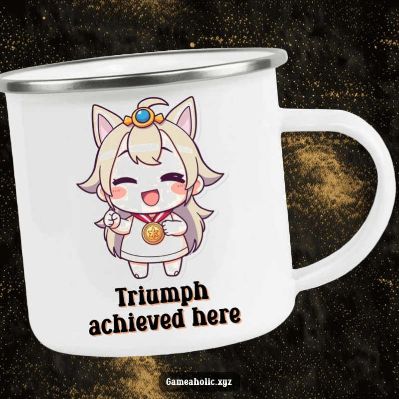 Funny camping mug featuring a character winking and holding a medal, perfect for enjoying drinks outdoors with a celebratory vibe.
