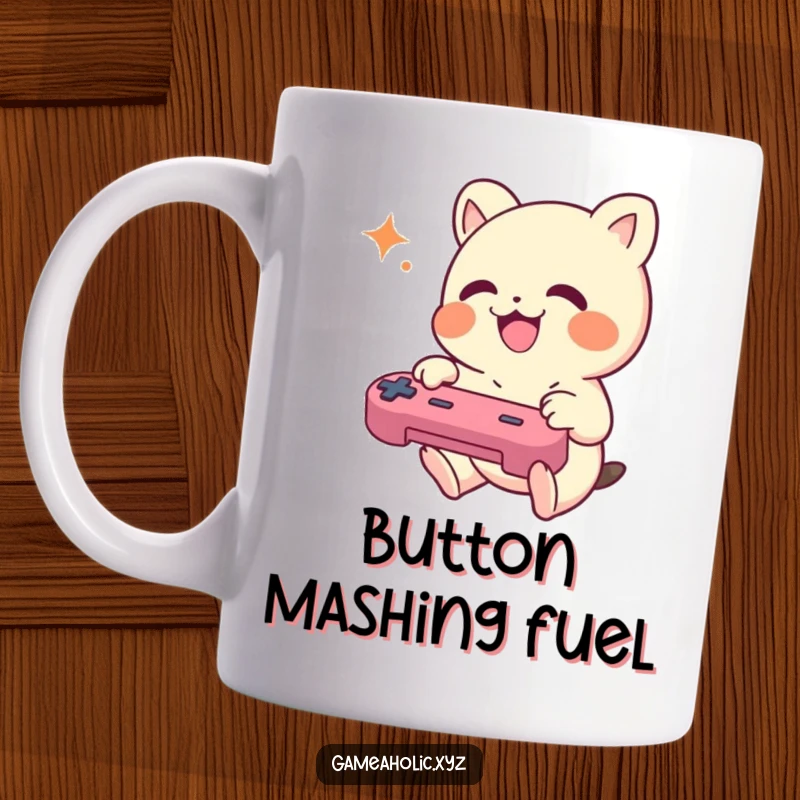 Funny Mug featuring a small creature joyfully mashing video game controller buttons with intense excitement.