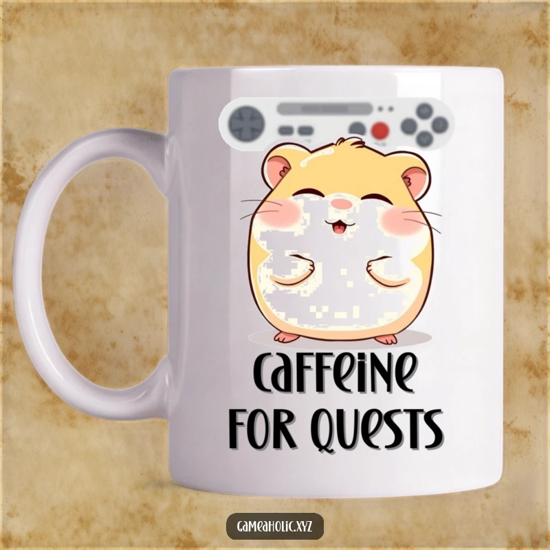 Round hamster with rosy cheeks, eyes closed in pure gaming bliss, depicted on a mug, celebrating cozy gaming.