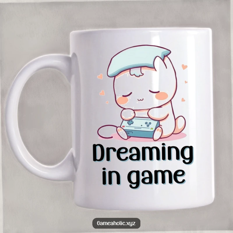 Funny mug shows a sleepy creature with a pillow for a head, intently playing a video game, capturing cozy gaming.