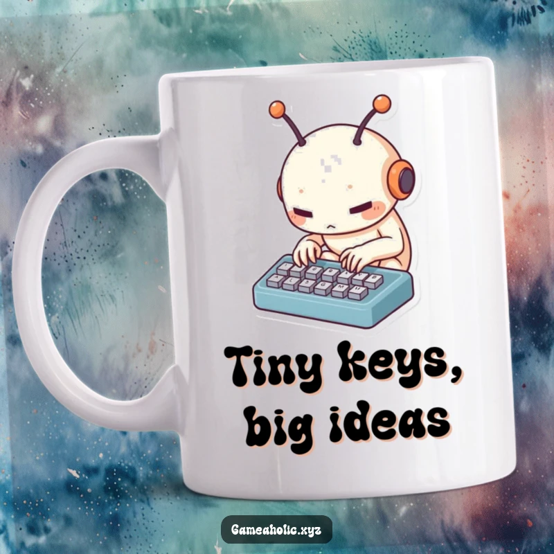 Funny alien typist mug showing a small creature with antennae tapping furiously on a tiny keyboard, representing dedicated tech work and humor.