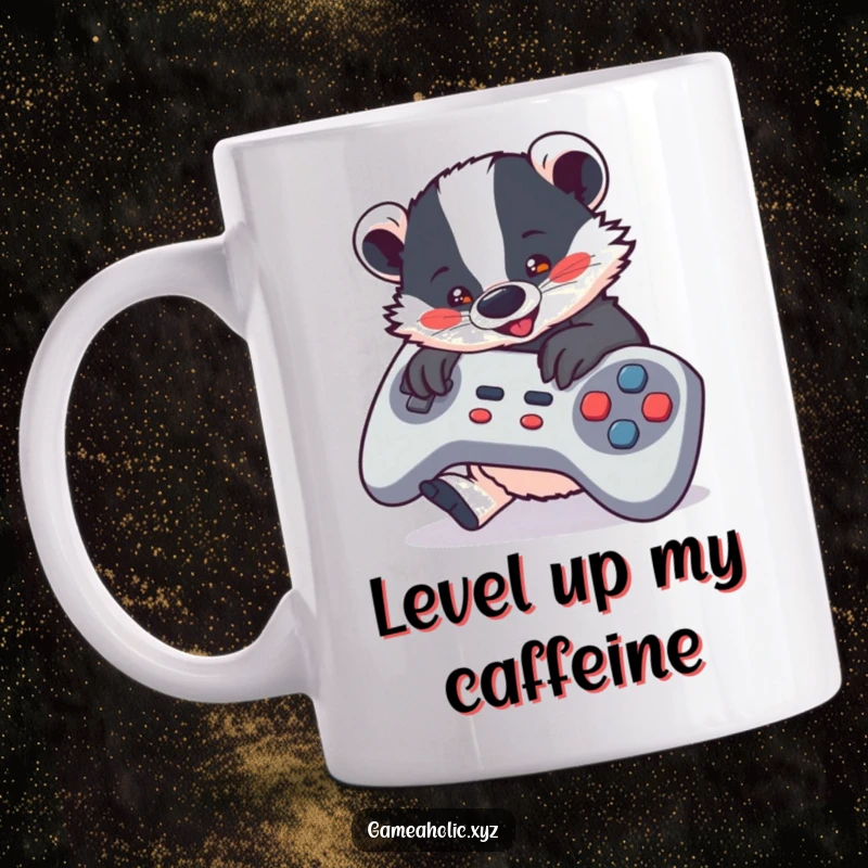 Funny Mug featuring a cute badger intensely mashing buttons on a huge game controller, showcasing gamer dedication and humor.