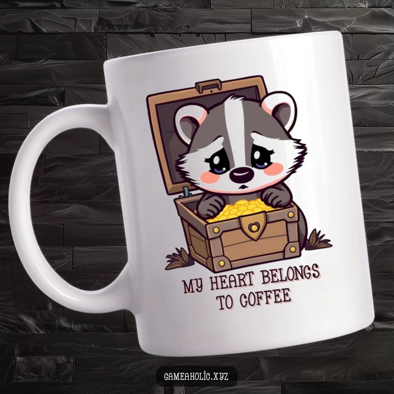 Funny Mug featuring a surprised badger with heart eyes gazing adoringly at an open treasure chest.