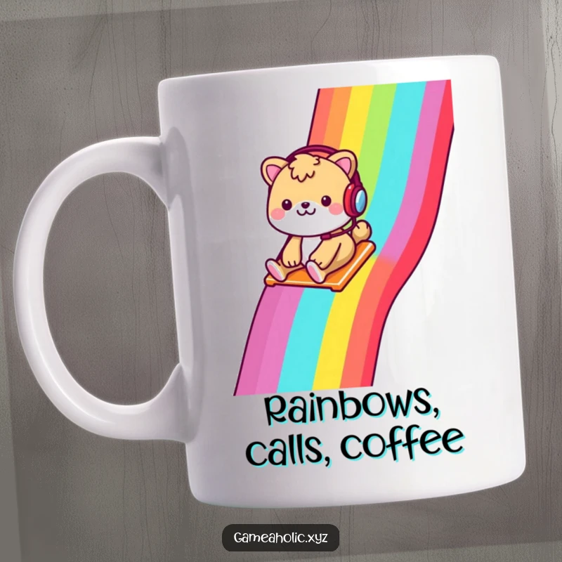 Funny mug with a cheerful animal, headset on, sliding down a rainbow pixelated slide, evoking joy.