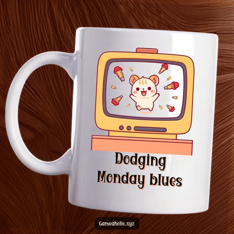 Funny small animal character mug, gleefully dodging falling projectiles on a screen during intense gameplay.