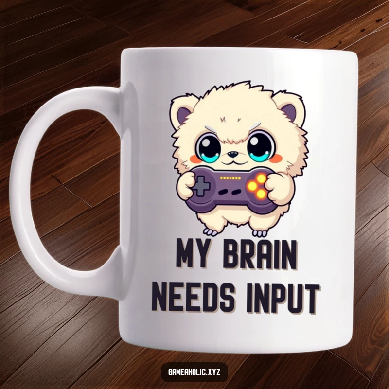 Funny mug showing a cute fuzzy creature with big eyes intensely button mashing a glowing game controller, capturing gamer dedication.