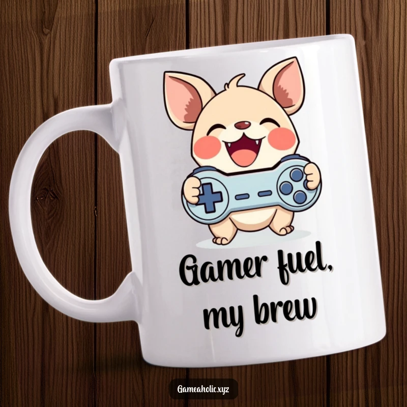 Funny gamer creature mug showing a cute character with large ears gleefully clutching a game controller, a perfect funny gift.