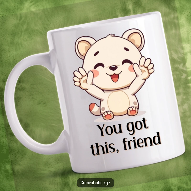 Funny mug showing a cheerful animal character extending a virtual high-five, conveying encouragement and fun.