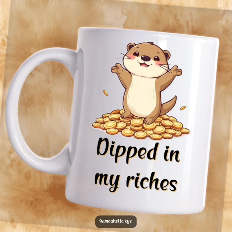 Funny Mug featuring a playful otter joyfully dancing on a heap of gold coins, celebrating victory and wealth.