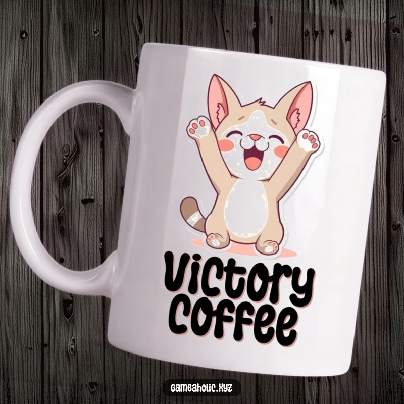 Funny Mug: A character with paws in the air, joyfully celebrating a win, radiating excitement and humorous triumph.
