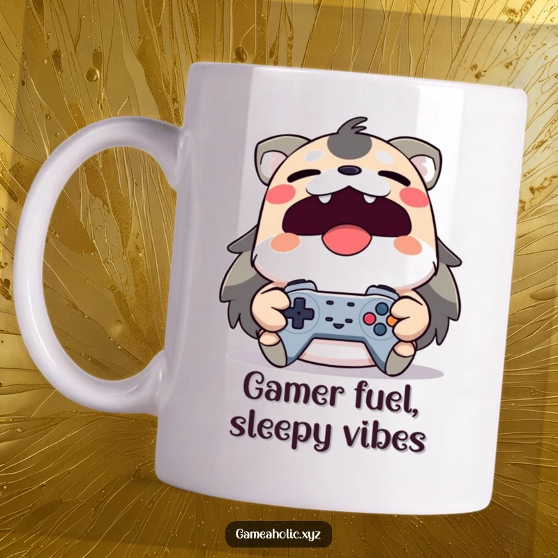 Funny yawning yet smiling animal character tightly clutching a game controller on a mug, representing dedication.