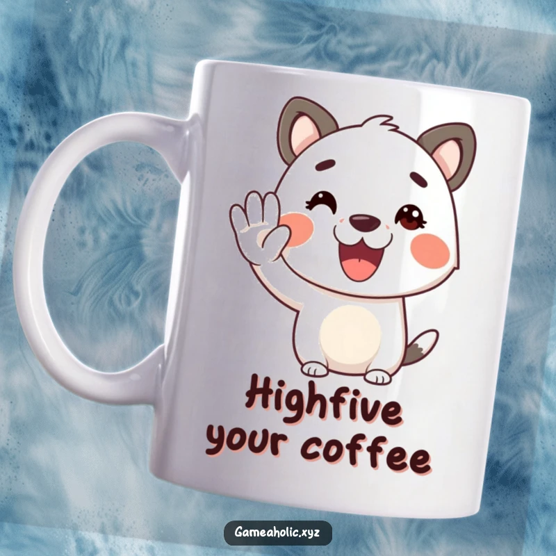 Funny animal character mug, with a cheerful expression, offering a virtual high-five to the viewer.