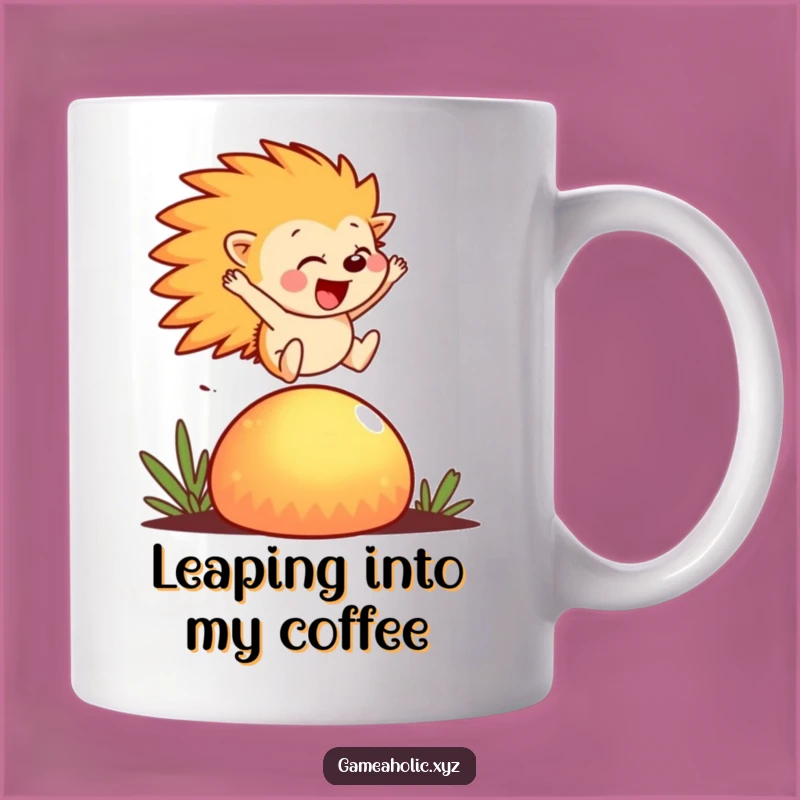 Funny Hedgehog Mug: Joyful Leap Over Mushroom, Whimsical Creature, Perfect Gift