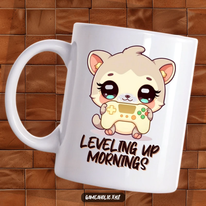 Funny gamer mug with a cute animal character sporting wide, sparkling eyes while clutching a brightly glowing video game controller.