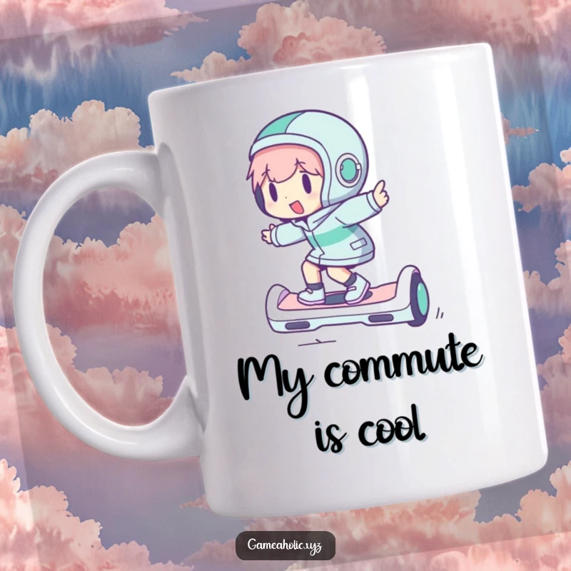 Funny mug featuring a character joyfully riding a miniature hoverboard, capturing a sense of fun and freedom.