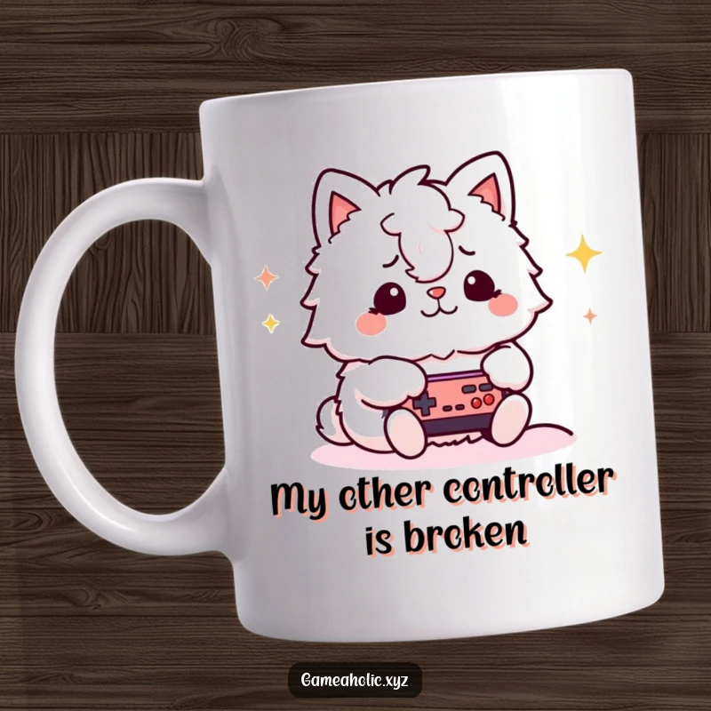 Funny gamer cat mug showing a fluffy animal character with a focused expression intensely playing a video game, capturing gamer dedication and humor.