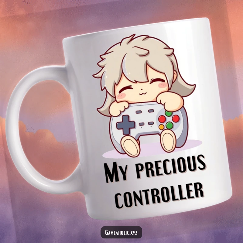 Funny Mug: A character lovingly hugging a plush game controller tightly, expressing humorous devotion to gaming.
