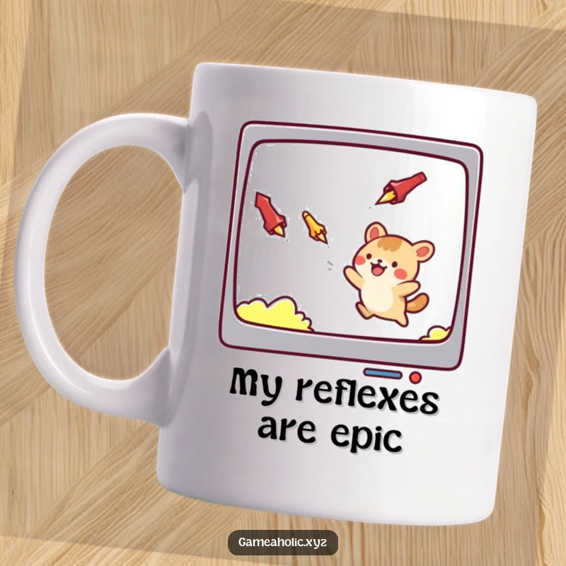 Funny mug showing a lively animal character expertly dodging falling game projectiles on a screen, a humorous gift for gamers.