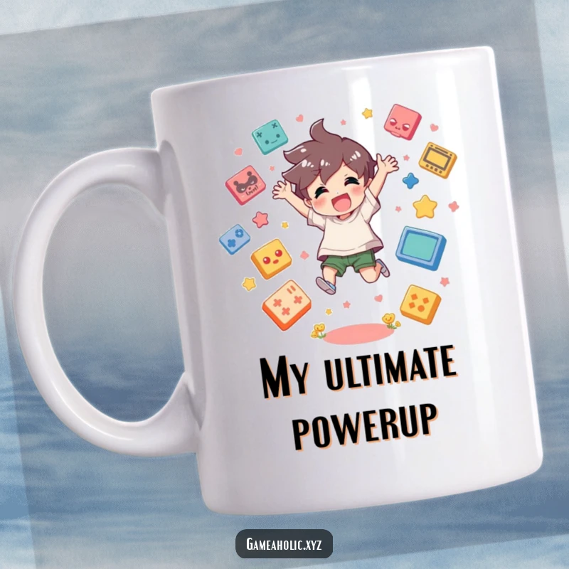 Funny Mug with a happy character jumping amidst floating video game icons, celebrating gaming achievement with pure joy.