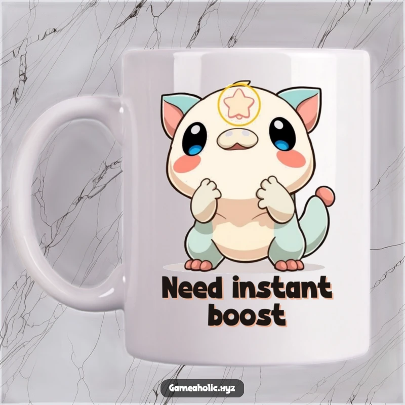 Funny mug with a cute creature excitedly reaching for a falling power-up icon, embodying gaming thrill and anticipation.