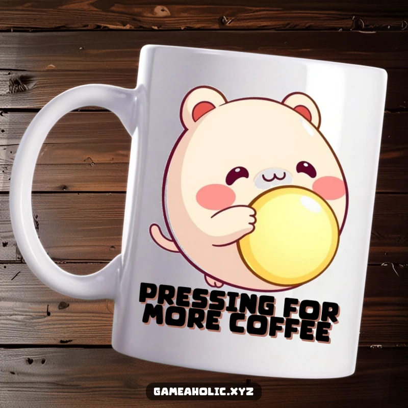 Funny round animal character mug, rosy cheeks, eagerly pressing a large, glowing button, ready for action.