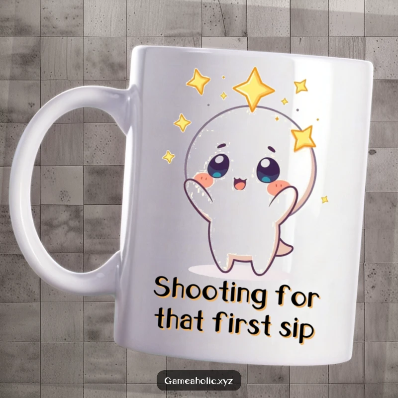 Funny mug with a character excitedly reaching for a glowing floating icon, stars in its wide eyes, symbolizing ambition and wonder.