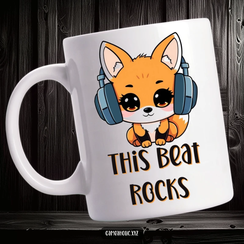 Adorable kawaii fox wearing oversized headphones, eyes sparkling with excitement, depicted on a mug, celebrating music.