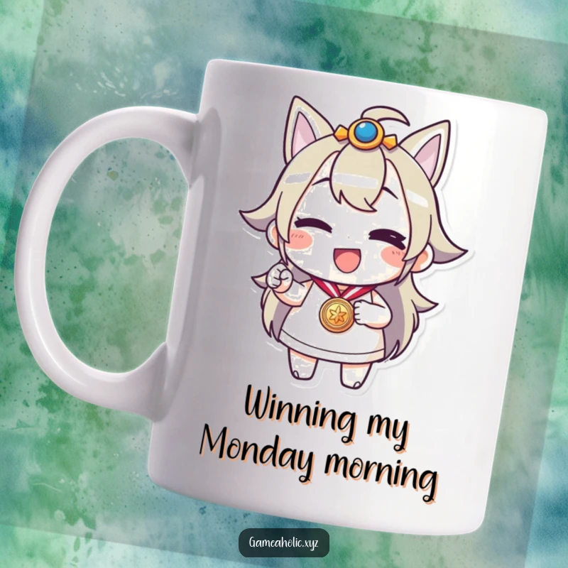 Funny mug featuring a cartoon character winking and holding a shiny gold medal, celebrating achievement with a joyful expression.