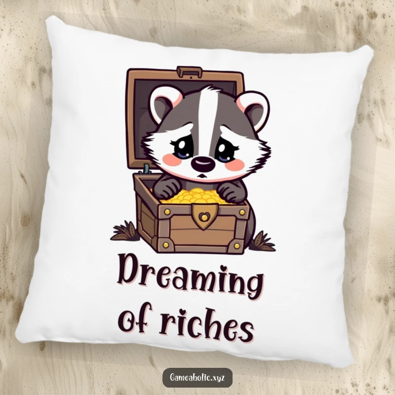 Funny Pillow featuring a badger character with heart eyes looking at a treasure chest, perfect for cozy obsession.