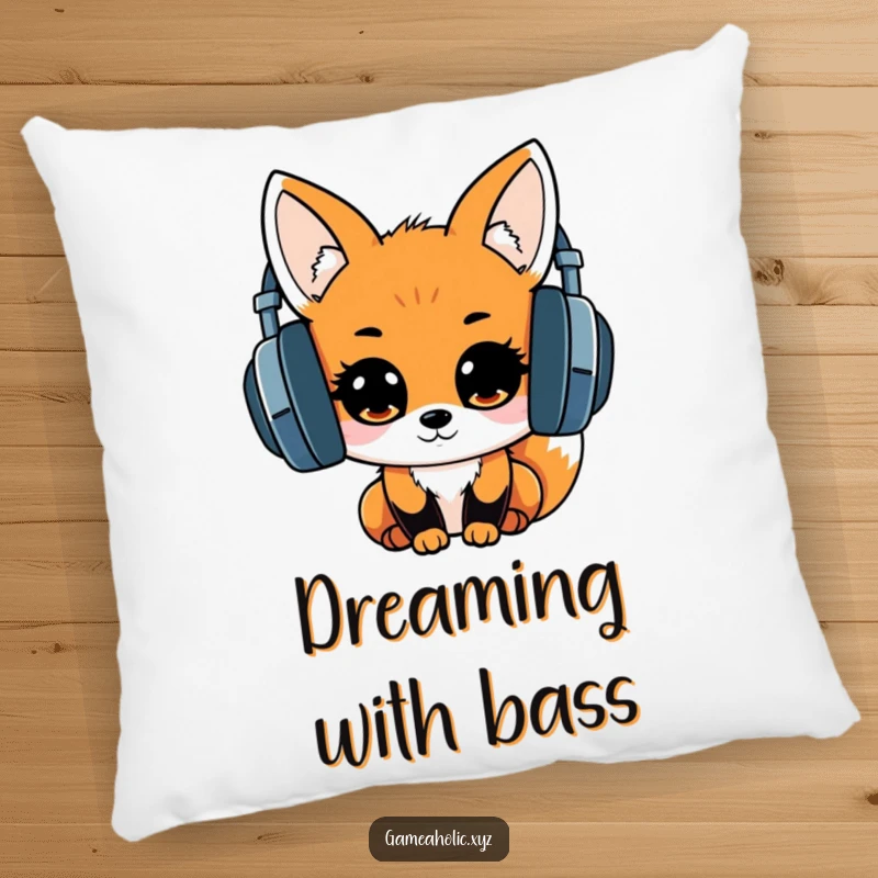 Soft pillow featuring a cute kawaii fox with headphones, eyes sparkling with excitement, offering cuddly music vibes.