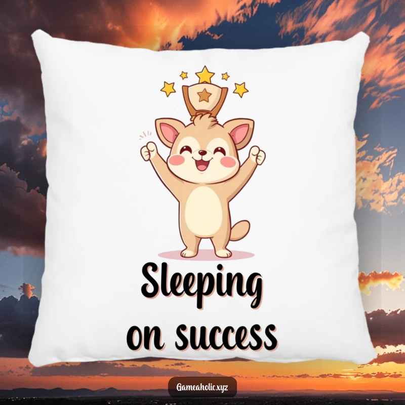 Funny Pillow featuring an animal character triumphantly holding a digital award with a happy, funny smile, providing comfort and cheer.