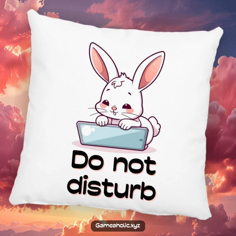 Funny pillow showcasing a bubbly bunny intently focused on a digital screen, adding a humorous touch to decor. A cute funny gift.