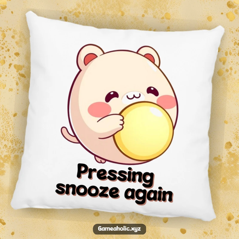 Funny round animal character pillow, rosy cheeks, eagerly pressing a large, glowing button, soft and fun.
