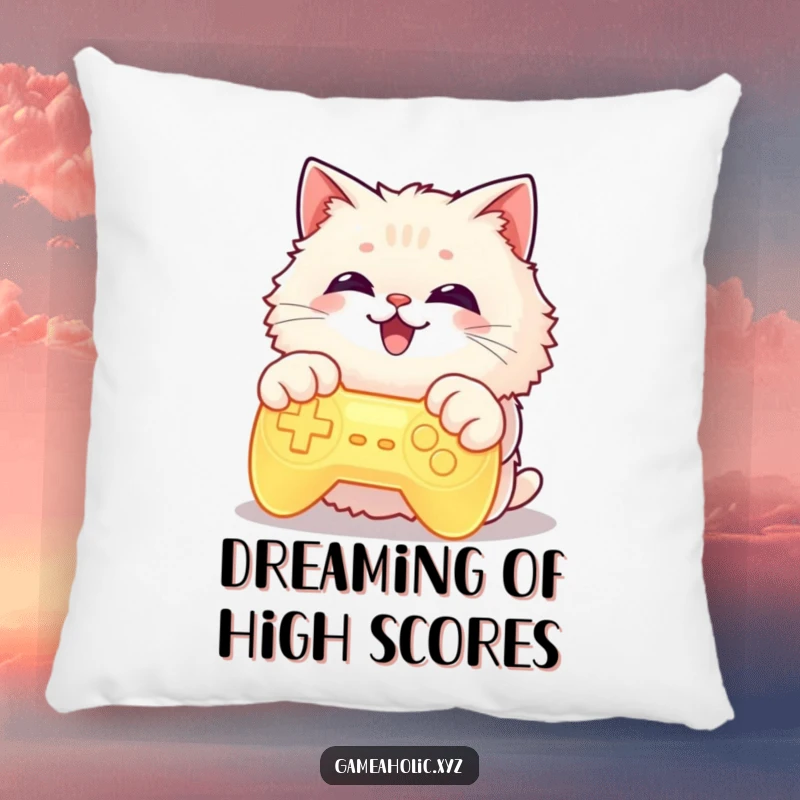 Soft pillow featuring a funny cat with paws on a glowing game controller, grinning widely, offering gamer comfort.