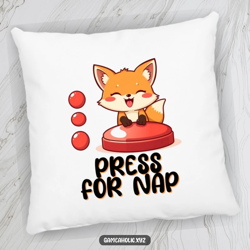 Funny fox pillow featuring a giggling fox about to push an enormous red button, adding a humorous and cozy touch to any room.
