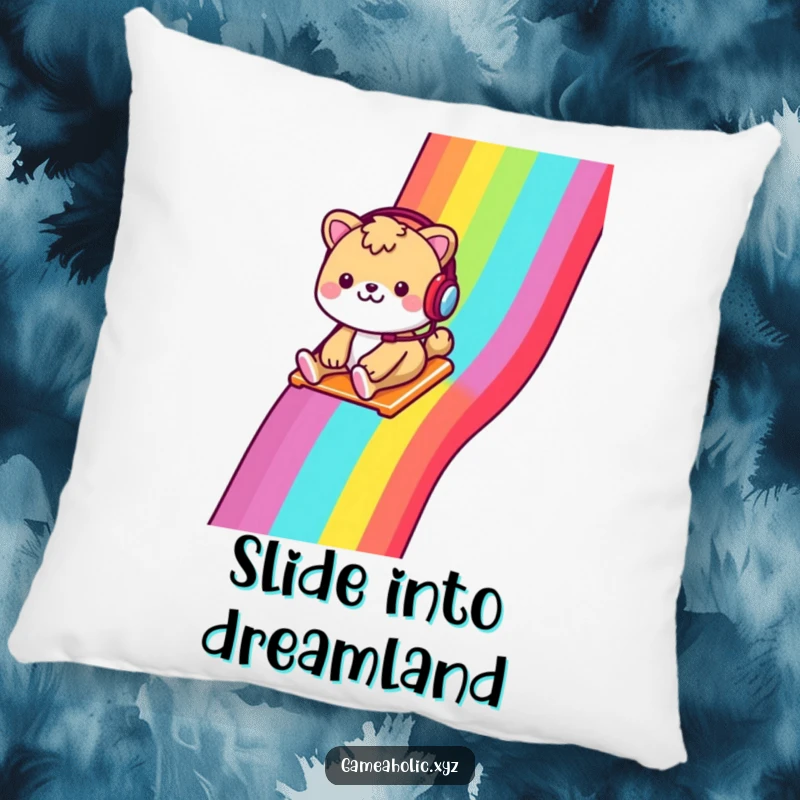 Funny decorative pillow featuring a cheerful animal with a headset, sliding down a rainbow pixelated slide, soft and cozy.