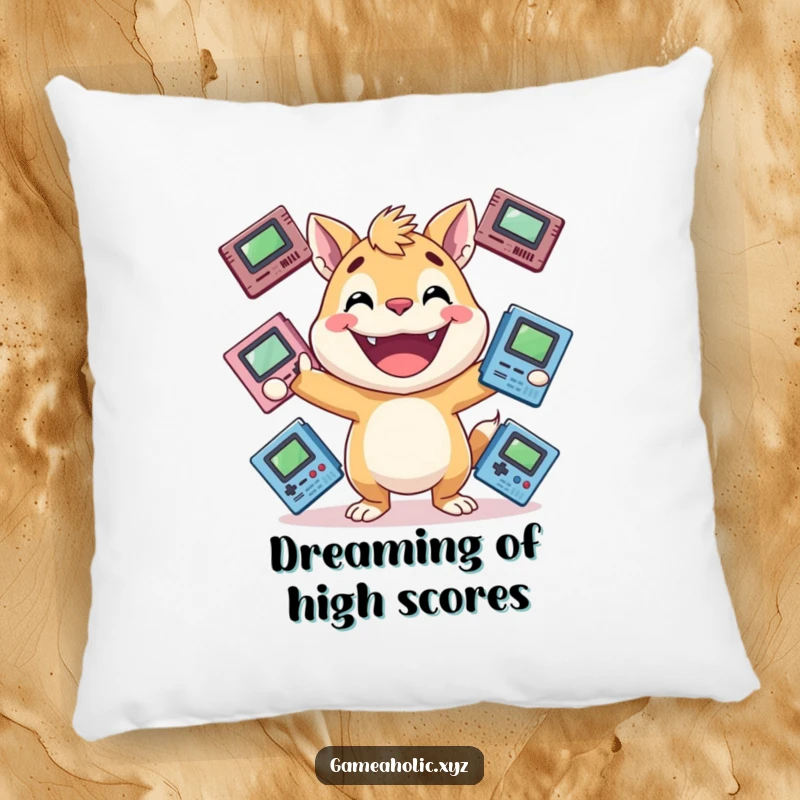 Funny gamer animal pillow depicting an energetic animal with a huge grin, juggling game cartridges, a delightful funny gift.