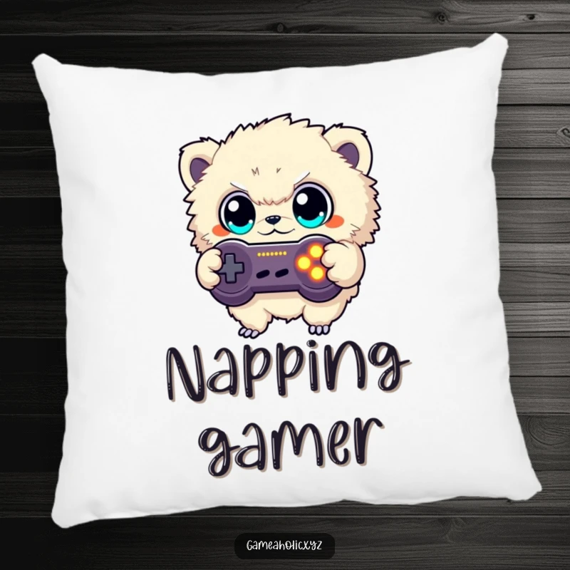 Funny pillow showcasing a fuzzy creature with big eyes, engrossed in button mashing a glowing game controller, for ultimate gamer comfort.