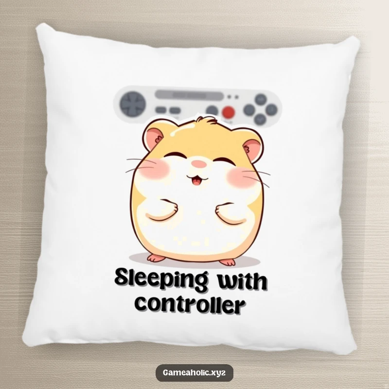 Soft pillow featuring a funny round hamster with rosy cheeks, eyes closed in gaming bliss, offering ultimate comfort.