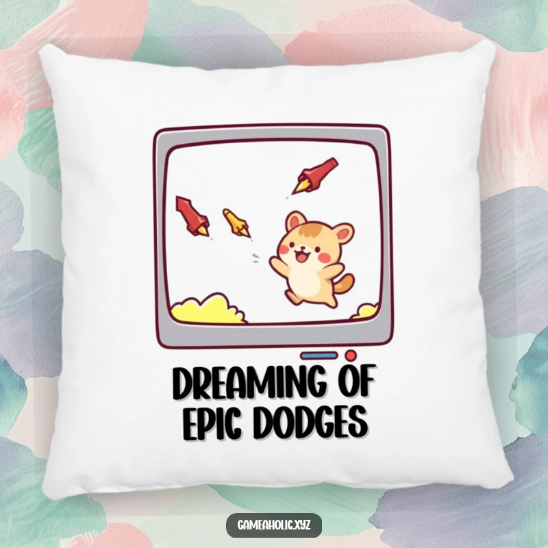 Funny pillow with a cute animal character dodging game projectiles on a screen, offering comfort and a humorous touch.