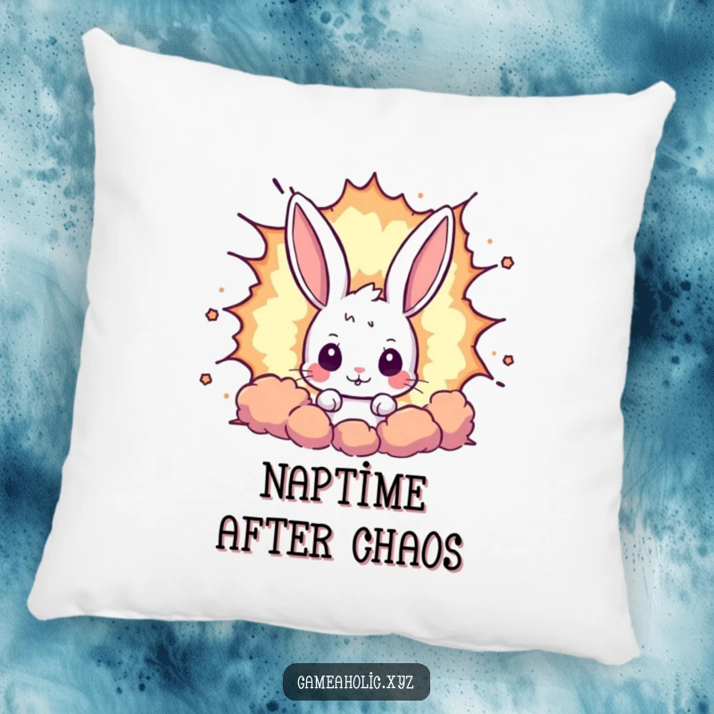 Funny rabbit pillow showing a curious bunny peeking from behind a giant pixelated explosion, ideal for gamers and cozy spaces.