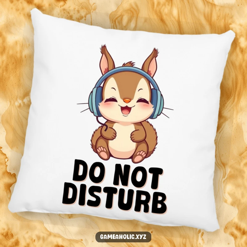 Funny Pillow showing a squirrel wearing headphones, intensely focused on a screen, bringing comfort and humor.