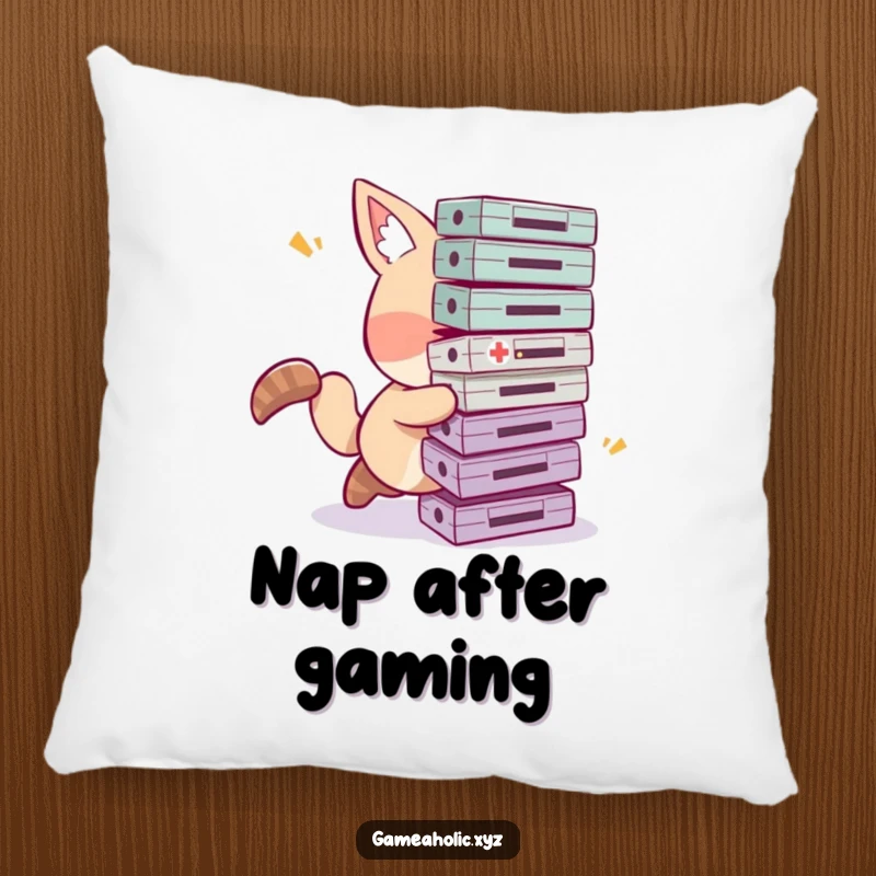 Funny tripping gamer pillow depicting a clumsy animal character comically tripping, with a pile of cartridges scattered around.
