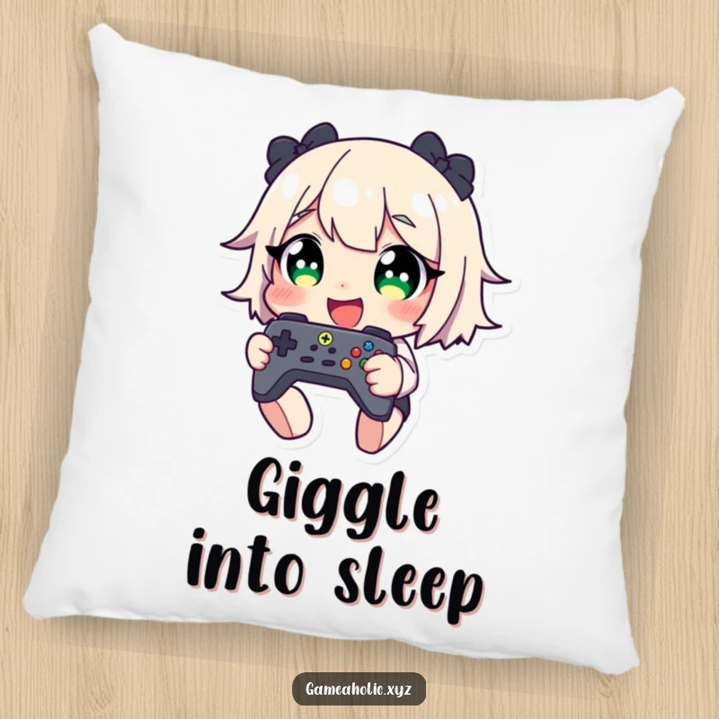 Funny pillow showcasing a giggling character with huge eyes, holding a game controller, perfect for adding comfort and humor to a room.